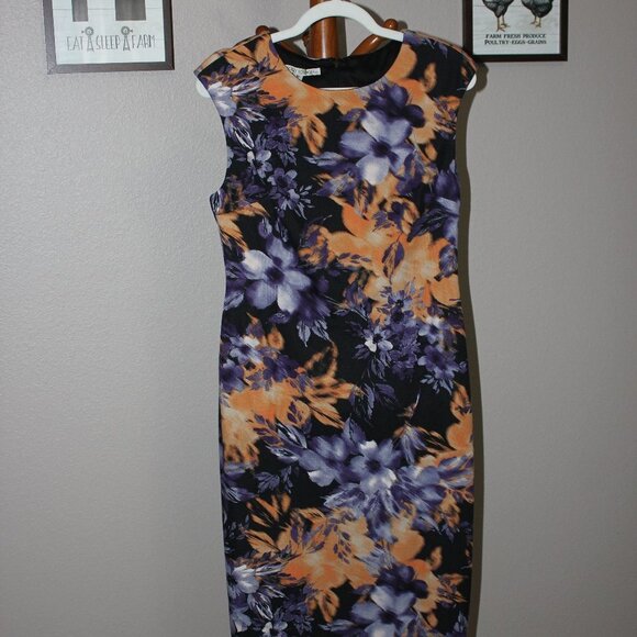 Maggy London Sleeveless Dress Floral Blue Orange Black Size 10 Stretch Comfy - Picture 1 of 5